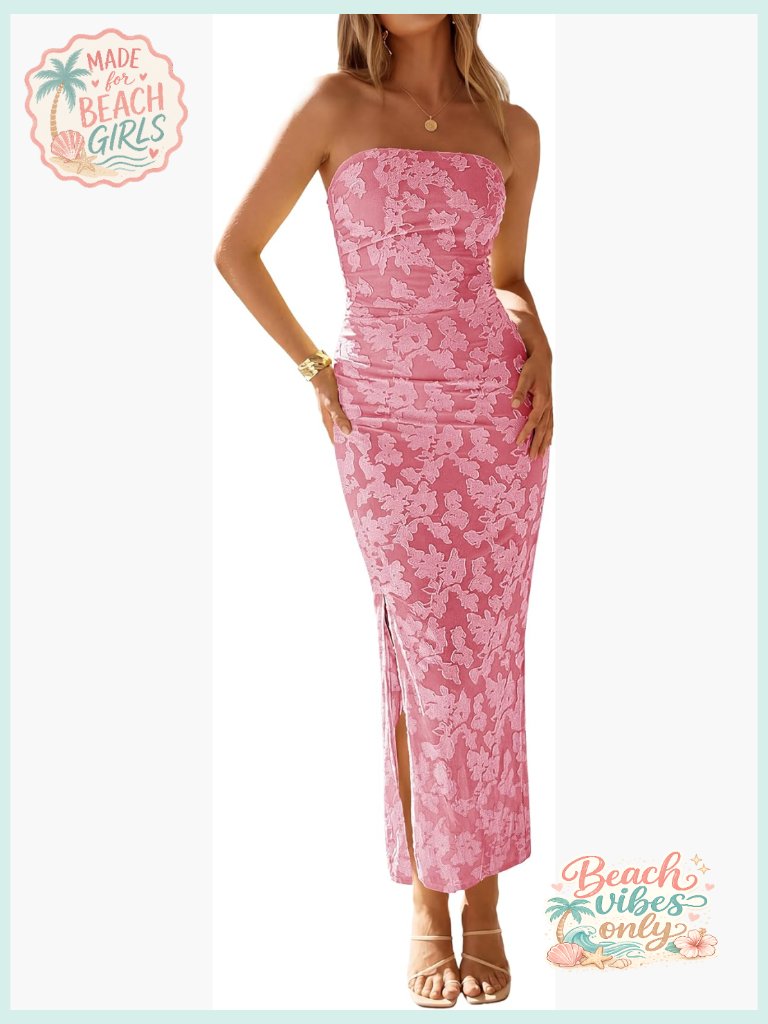 Strapless Floral Mesh Maxi Dress Bodycon Side Slit